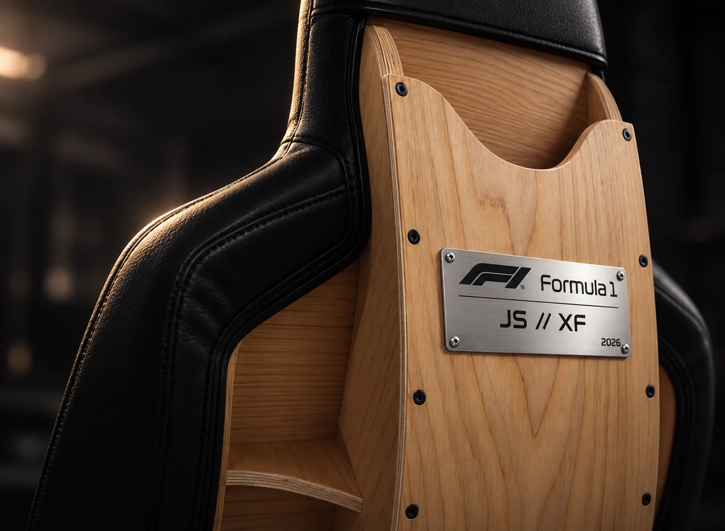 Detalle de un respaldo de simulador con estructura de madera y placa metálica personalizada